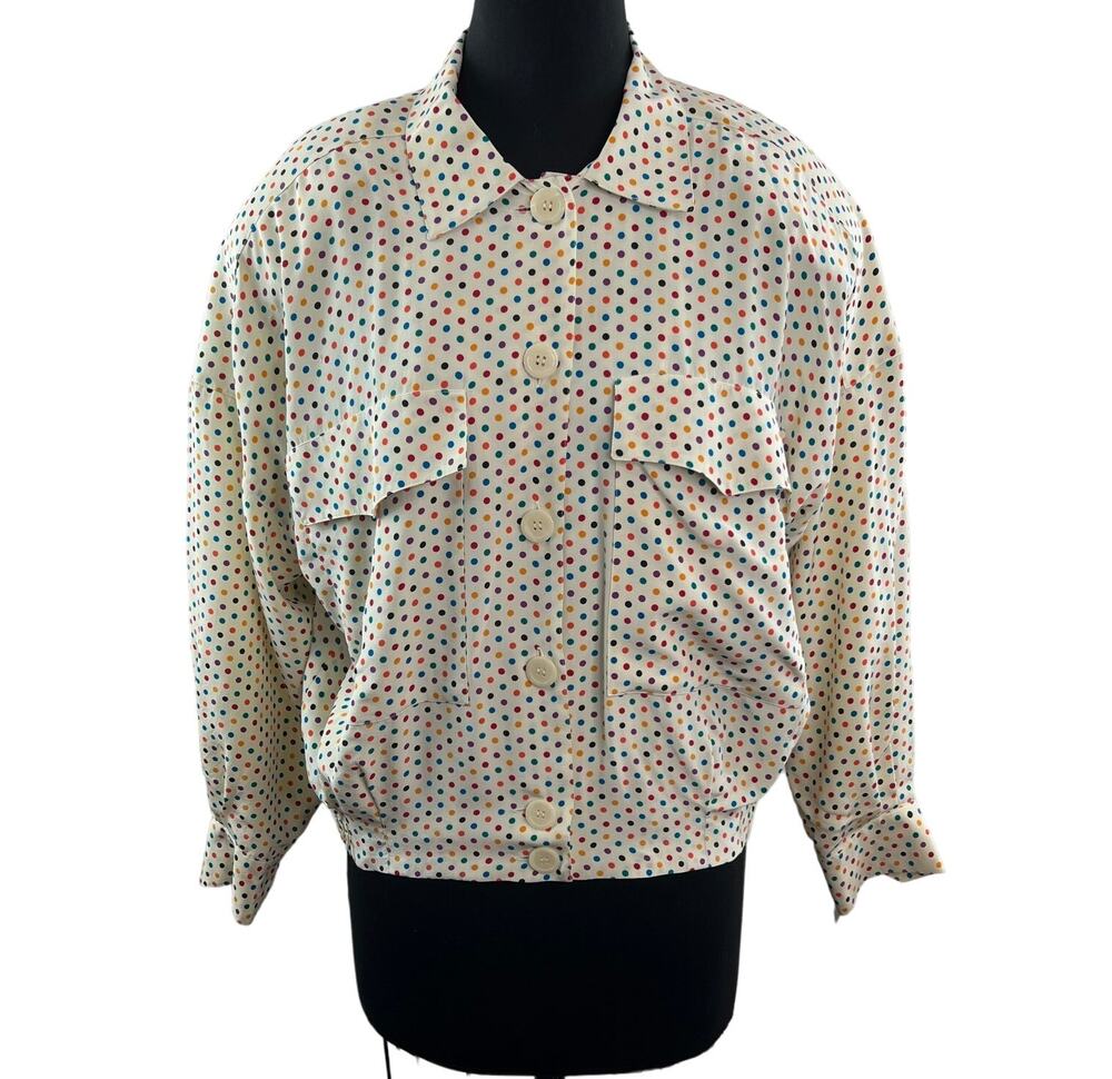 Vintage TALBOTS White Jacket Silk Polka Dot Collared Long Sleeve Button Sz 8 NEW